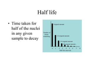 Half life
• Time taken for
half of the nuclei
in any given
sample to decay

 