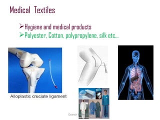 Medical Textiles
Hygiene and medical products
Polyester, Cotton, polypropylene, silk etc…
Granch Berhe 2015
 