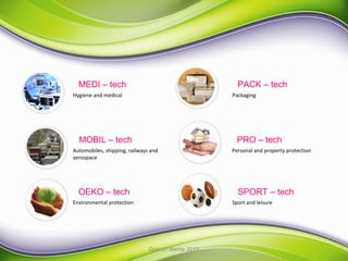 MEDI – tech
Hygiene and medical
MOBIL – tech
Automobiles, shipping, railways and
aerospace
OEKO – tech
Environmental protection
PACK – tech
Packaging
PRO – tech
Personal and property protection
SPORT – tech
Sport and leisure
Granch Berhe 2015
 