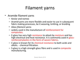 Filament yarns
• Aramide filament yarns
– Kevlar and nomex
– Aramid yarns are more flexible and easier to use in subsequent
fabric making processes, be it weaving, knitting, or braiding
• Glass filament yarns
– widely used in the manufacture of reinforcement for
composites.
– E-glass has very high resistance to attack by moisture and has
high electrical and heat resistance. It is commonly used in glass-
reinforced plastics in the form of woven fabrics.
– C-glass is known for its chemical resistance to both acids and
alkalis. - chemical filtration.
– S-glass is a high strength glass fibre and is used in composite
manufacturing.
Granch Berhe 2015
 