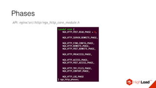 Phases
API: nginx/src/http/ngx_http_core_module.h
 