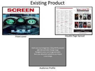 Existing Product
Front cover Double Page Spread
Audience Profile
 