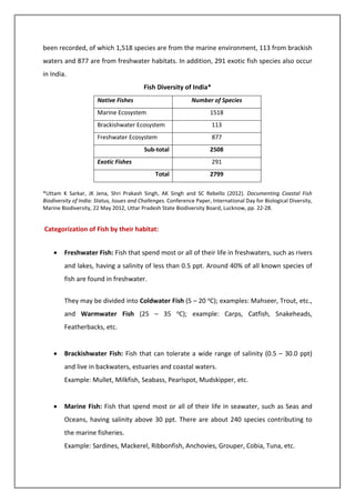 been recorded, of which 1,518 species are from the marine environment, 113 from brackish
waters and 877 are from freshwater habitats. In addition, 291 exotic fish species also occur
in India.
Fish Diversity of India*
Native Fishes Number of Species
Marine Ecosystem 1518
Brackishwater Ecosystem 113
Freshwater Ecosystem 877
Sub-total 2508
Exotic Fishes 291
Total 2799
*Uttam K Sarkar, JK Jena, Shri Prakash Singh, AK Singh and SC Rebello (2012). Documenting Coastal Fish
Biodiversity of India: Status, Issues and Challenges. Conference Paper, International Day for Biological Diversity,
Marine Biodiversity, 22 May 2012, Uttar Pradesh State Biodiversity Board, Lucknow, pp. 22-28.
Categorization of Fish by their habitat:
• Freshwater Fish: Fish that spend most or all of their life in freshwaters, such as rivers
and lakes, having a salinity of less than 0.5 ppt. Around 40% of all known species of
fish are found in freshwater.
They may be divided into Coldwater Fish (5 – 20 oC); examples: Mahseer, Trout, etc.,
and Warmwater Fish (25 – 35 oC); example: Carps, Catfish, Snakeheads,
Featherbacks, etc.
• Brackishwater Fish: Fish that can tolerate a wide range of salinity (0.5 – 30.0 ppt)
and live in backwaters, estuaries and coastal waters.
Example: Mullet, Milkfish, Seabass, Pearlspot, Mudskipper, etc.
• Marine Fish: Fish that spend most or all of their life in seawater, such as Seas and
Oceans, having salinity above 30 ppt. There are about 240 species contributing to
the marine fisheries.
Example: Sardines, Mackerel, Ribbonfish, Anchovies, Grouper, Cobia, Tuna, etc.
 