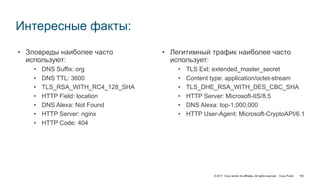 © 2017 Cisco and/or its affiliates. All rights reserved. Cisco Public
Интересные факты:
• Зловреды наиболее часто
используют:
• DNS Suffix: org
• DNS TTL: 3600
• TLS_RSA_WITH_RC4_128_SHA
• HTTP Field: location
• DNS Alexa: Not Found
• HTTP Server: nginx
• HTTP Code: 404
• Легитимный трафик наиболее часто
использует:
• TLS Ext: extended_master_secret
• Content type: application/octet-stream
• TLS_DHE_RSA_WITH_DES_CBC_SHA
• HTTP Server: Microsoft-IIS/8.5
• DNS Alexa: top-1,000,000
• HTTP User-Agent: Microsoft-CryptoAPI/6.1
100
 