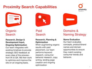 Proximity Search Capabilities




 Organic                         Paid                      Domains &
 Search                          Search                    Naming Strategy
 Research, Design &              Research, Planning &      Name Evaluation
 Development Input,              Optimization              Our team evaluates
 Ongoing Optimization            When augmenting organic   concepts, product/brand
 Our team integrates with        results with paid         names and domain
 existing timelines to provide   placement, our team       opportunities to ensure
 strategic SEO feedback at       performs keyword          they match existing
 every step of the process -     research, consumer        consumer trends and
 from IA to QA. We then work     behavior research, copy   behavior.
 to optimize and improve the     writing, landing page
 site on an ongoing basis.       creation and ongoing
                                 optimization
                                                                                     7
 