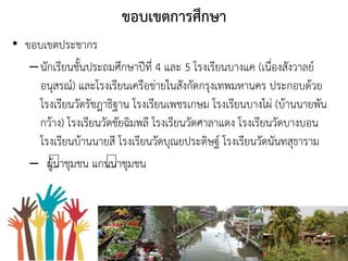 ขอบเขตการศึกษา
• ขอบเขตประชากร
–นักเรียนชันประถมศึกษาปีที่ 4 และ 5 โรงเรียนบางแค (เนื่องสังวาลย์
อนุสรณ์) และโรงเรียนเครือข่ายในสังกัดกรุงเทพมหานคร ประกอบด้วย
โรงเรียนวัดรัชฎาธิฐาน โรงเรียนเพชรเกษม โรงเรียนบางไผ่ (บ้านนายพัน
กว้าง) โรงเรียนวัดชัยฉิมพลี โรงเรียนวัดศาลาแดง โรงเรียนวัดบางบอน
โรงเรียนบ้านนายสี โรงเรียนวัดบุณยประดิษฐ์ โรงเรียนวัดนันทสุธาราม
– ผู้นาชุมชน แกนนาชุมชน
 