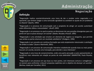 SAIR
Definição
"Negociação implica caracteristicamente uma troca de dar e receber entre negociador e o
oponente, que tentam chegar a uma conclusão agradável ou aceitável no ajuste de um problema
ou disputa".(Sparks, 1992)
"Negociação é o processo de comunicação com o propósito de atingir um acordo sustentável
sobre diferentes idéias e necessidades". (Acuff, 1993)
"Negociação é um processo no qual as partes se direcionam de suas posições divergentes para um
ponto em que se possa alcançar um acordo".(Steele, Murphy e Russill, 1995)
"Negociação é uma atividade que envolve um elemento de negócio ou barganha, que permite
que ambas as partes alcancem um resultado satisfatório".(Hodgson, 1996)
"Negociação é um conceito em contínua formação que está amplamente relacionado à satisfação
de ambos os lados".(Scare e Martinelli, 2001)
"Negociação é um processo de comunicação interativo estabelecido quando duas ou mais partes
buscam um acordo, durante uma transação, para atender a seus interesses".
"Negociação é uma troca de convencimentos, onde uma parte persuade a outra apresentando os
benefícios mais relevantes em relação ao ponto de vista defendido".(MARIOTINI, Paulo Ricardo,
2010)
"Negociação é um processo em que duas ou mais partes, com interesses comuns e antagônicos,
se reúnem para confrontar e discutir propostas explícitas com o objetivo de alcançar um acordo."
(Berlew, citado por Carvalhal, 2011)
 