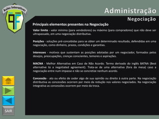 SAIR
Principais elementos presentes na Negociação
Valor limite - valor mínimo (para vendedores) ou máximo (para compradores) que não deve ser
ultrapassado, em uma negociação distributiva.
Posições - soluções pré-concebidas para se obter um determinado resultado, defendidas em uma
negociação, como dinheiro, prazos, condições e garantias.
Interesses - motivos que sustentam as posições adotadas por um negociador, formados pelos
desejos, preocupações, crenças conscientes, temores e aspirações.
MACNA - Melhor Alternativa em Caso de Não Acordo. Termo derivado do inglês BATNA (Best
alternative to a negotiated agreement). Trata-se de uma alternativa (fora da mesa) caso a
negociação entre num impasse e não se concretize nenhum acordo.
Concessão - ato ou efeito de ceder algo de sua opinião ou direito à outra parte. Na negociação
distributiva as concessões ocorrem por meio da redução nos valores negociados. Na negociação
integrativa as concessões ocorrem por meio da troca.
 