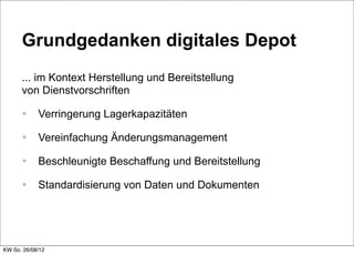 Grundgedanken digitales Depot
      ... im Kontext Herstellung und Bereitstellung
      von Dienstvorschriften

      • Verringerung Lagerkapazitäten
      • Vereinfachung Änderungsmanagement
      • Beschleunigte Beschaffung und Bereitstellung
      • Standardisierung von Daten und Dokumenten



KW So. 26/08/12
 