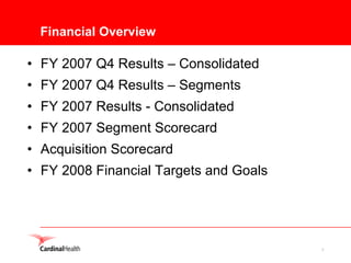 Financial Overview

• FY 2007 Q4 Results – Consolidated
• FY 2007 Q4 Results – Segments
• FY 2007 Results - Consolidated
• FY 2007 Segment Scorecard
• Acquisition Scorecard
• FY 2008 Financial Targets and Goals




                                        5
 