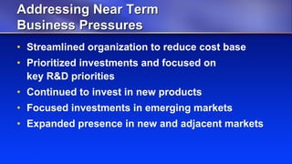 Addressing Near Term
Business Pressures
• Streamlined organization to reduce cost base
• Prioritized investments and focused on
  key R&D priorities
• Continued to invest in new products
• Focused investments in emerging markets
• Expanded presence in new and adjacent markets
 