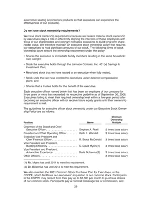 automotive seating and interiors products so that executives can experience the
effectiveness of our products).

Do we have stock ownership requirements?
We have stock ownership requirements because we believe material stock ownership
by executives plays a role in effectively aligning the interests of these employees with
those of our shareholders and strongly motivates executives to build long-term share-
holder value. We therefore maintain an executive stock ownership policy that requires
our executives to hold significant amounts of our stock. The following forms of stock
ownership count toward the ownership requirement under the policy:
• Shares the executive or immediate family members residing in the same household
  own outright;
• Stock the executive holds through the Johnson Controls, Inc. 401(k) Savings &
  Investment Plan;
• Restricted stock that we have issued to an executive when fully vested;
• Stock units that we have credited to executives under deferred compensation
  plans; and
• Shares that a trustee holds for the benefit of the executive.
Each executive officer named below that has been an employee of our company for
three years or more has exceeded his respective guideline as of September 30, 2008.
Executives failing to meet their required ownership level within a five-year period after
becoming an executive officer will not receive future equity grants until their ownership
requirement is met.
The guidelines for executive officer stock ownership under our Executive Stock Owner-
ship Policy are as follows:
                                                                                         Minimum
                                                                                        Ownership
Position                                                              Name               Multiple
Chairman of the Board and Chief
  Executive Officer . . . . . . . . . . . . . . .      ......   Stephen A. Roell    5 times base salary
President and Chief Operating Officer .                ......   Keith E. Wandell    3 times base salary
Executive Vice President and
  Chief Financial Officer . . . . . . . . . . .        ......   R. Bruce McDonald   3 times base salary
Vice President and President,
  Building Efficiency . . . . . . . . . . . . . .      ......   C. David Myers(1)   3 times base salary
Vice President and President,
  Automotive Experience . . . . . . . . . .            ......   Beda Bolzenius(2)   3 times base salary
Other Officers . . . . . . . . . . . . . . . . . . .   ......                       3 times base salary

(1) Mr. Myers has until 2011 to meet his requirement.
(2) Dr. Bolzenius has until 2012 to meet his requirement.

We also maintain the 2001 Common Stock Purchase Plan for Executives, or the
CSPPE, which facilitates our executives’ acquisition of our common stock. Participants
in the CSPPE may deduct from their pay up to $2,500 per month to purchase shares
of our common stock. Participants pay a nominal brokerage fee or commission, and

                                                           29
 