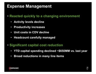 Expense Management

• Reacted quickly to a changing environment
  • Activity levels decline
  • Productivity increases
  • Unit costs in CDV decline
  • Headcount carefully managed

• Significant capital cost reduction
  • YTD capital spending declined ~$650MM vs. last year
  • Broad reductions in many line items


                                                      12
 