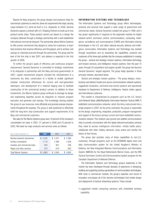 Beyond its Navy programs, the group designs and produces ships for
commercial customers to meet the Jones Act requirement that ships carrying
cargo between U.S. ports be built in U.S. shipyards. In 2006, General
Dynamics signed a contract with U.S. Shipping Partners to build up to nine
product-carrier ships. These product carriers are based on a design the
company obtained through a strategic partnership with a well-established
international commercial shipyard.The partnership allows Marine Systems
to offer proven commercial ship designs to Jones Act customers, to learn
best practices that improve efficiency and throughput, and to achieve cost
savings on materials procured through the partnership. The group laid the
keel of the first ship in late 2007, and delivery is expected in the first
quarter of 2009.
To further the group’s goals of efficiency and continuous program
improvement, General Dynamics is committed to strategic investments
in its shipyards in partnership with the Navy and local governments. In
2007, capital improvement projects included the refurbishment of a
submarine dry dock, construction of a facility to enable significant
modular construction efficiencies for current and next-generation
destroyers, and development of a material staging area to facilitate
construction of the commercial product carriers. In addition to these
investments, the Marine Systems group continues to leverage its design
and engineering expertise across its shipyards to improve program
execution and generate cost savings. This knowledge sharing enables
the group to use resources more efficiently and promote process improve-
ments throughout the business. The group is well positioned to effectively
fulfill the long-term ship-construction and support requirements of its
Navy and commercial customers.
Net sales for the Marine Systems group were 18 percent of the company’s
consolidated net sales in 2007, 21 percent in 2006 and 23 percent in
2005. Net sales by major products and services were as follows:
INFORMATION SYSTEMS AND TECHNOLOGY
The Information Systems and Technology group offers technologies,
products and services that support a wide range of government and
commercial needs. General Dynamics created the group in 1998, and it
has grown significantly in response to the expanded markets for digital
network-centric command, control, communications, computing, intelli-
gence, surveillance and reconnaissance (C4ISR) and information-sharing
technologies in the U.S. and allied national-security, defense and intelli-
gence communities. Information Systems and Technology has evolved
through acquisitions and by expanding the capabilities, products and
customers of the three-part portfolio that the company established in creating
the group – tactical and strategic mission systems, information technology
and mission services, and intelligence mission systems. Over the past 10
years, through 25 acquisitions and organic growth, the group has become
General Dynamics’ largest segment. The group today operates in three
principal markets, described below.
Tactical and strategic mission systems – The group designs, manu-
factures and delivers trusted and secure communications network systems,
ruggedized computers, command-and-control systems and operational
hardware to Department of Defense, intelligence, federal civilian agency
and international customers.
This market is characterized by programs such as the U.S. Army’s
Joint Network Node (JNN)/Warfighter Information Network-Tactical (WIN-T)
battlefield communications networks, which the Army restructured into a
single program in 2007. As the prime contractor, the group is responsible
for the design, engineering, integration, production, program management
and support of the Army’s primary current and future battlefield commu-
nications network. This network uses ground and satellite communications
links to provide commanders with the digital telecommunications services
they need to access intelligence information, initiate battle plans,
collaborate with other military elements, issue orders and monitor the
status of their forces.
The group also provides many of these capabilities to non-U.S.
customers, through programs such as the BOWMAN digital voice and
data communication system for the United Kingdom’s Ministry of
Defence, the New Integrated Marines Communications and Information
System (NIMCIS) for the Royal Netherlands Marine Corps, and the IRIS
Tactical Command, Control and Communications System program for the
Canadian Department of National Defence.
The Information Systems and Technology group’s leadership in this
market has been developed through decades of experience in designing,
building and supporting previous generations of communications technologies.
With roots in commercial markets, the group’s expertise and record of
innovation encompass all of the decisive technologies that enable design
and deployment of tactical networking systems. These include:
• ruggedized mobile computing solutions with embedded wireless
capability;
General Dynamics 2007 Annual Report8
Year Ended December 31 2007 2006 2005
Nuclear-powered submarines $ 2,355 $ 2,427 $ 2,396
Surface combatants 1,112 1,088 1,008
Auxiliary and commercial ships 953 807 598
Repair and other services 573 618 693
Total Marine Systems $ 4,993 $ 4,940 $ 4,695
 