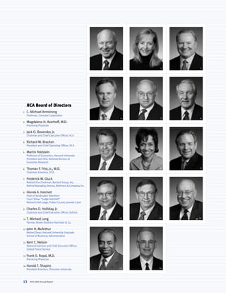 1    2   3




     HCA Board of Directors
     C. Michael Armstrong
1
     Chairman, Comcast Corporation
                                                           4     5   6
     Magdalena H. Averhoff, M.D.
2
     Practicing Physician

     Jack O. Bovender, Jr.
3
     Chairman and Chief Executive Officer, HCA

     Richard M. Bracken
4
     President and Chief Operating Officer, HCA

     Martin Feldstein
5
     Professor of Economics, Harvard University
     President and CEO, National Bureau of
     Economic Research

     Thomas F. Frist, Jr., M.D.                             7    8   9
6
     Chairman Emeritus, HCA

     Frederick W. Gluck
7
     Retired Vice Chairman, Bechtel Group, Inc.
     Retired Managing Director, McKinsey & Company, Inc.

     Glenda A. Hatchett
8
     Host of Syndicated Television
     Court Show, “Judge Hatchett”
     Retired Chief Judge, Fulton County Juvenile Court

     Charles O. Holliday, Jr.
9
     Chairman and Chief Executive Officer, DuPont

     T. Michael Long                                       10   11   12
10
     Partner, Brown Brothers Harriman & Co.

     John H. McArthur
11
     Retired Dean, Harvard University Graduate
     School of Business Administration

     Kent C. Nelson
12
     Retired Chairman and Chief Executive Officer,
     United Parcel Service

     Frank S. Royal, M.D.
13
     Practicing Physician

     Harold T. Shapiro
14
                                                           13   14
     President Emeritus, Princeton University



       HCA 2003 Annual Report
13
 