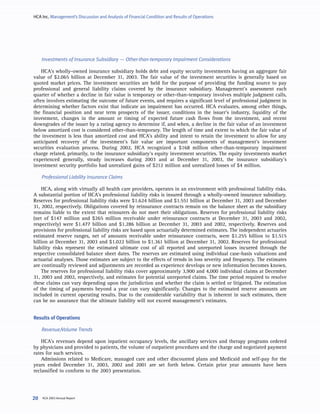 HCA Inc. Management’s Discussion and Analysis of Financial Condition and Results of Operations




     Investments of Insurance Subsidiary — Other-than-temporary Impairment Considerations

    HCA’s wholly-owned insurance subsidiary holds debt and equity security investments having an aggregate fair
value of $2.065 billion at December 31, 2003. The fair value of the investment securities is generally based on
quoted market prices. The investment securities are held for the purpose of providing the funding source to pay
professional and general liability claims covered by the insurance subsidiary. Management’s assessment each
quarter of whether a decline in fair value is temporary or other-than-temporary involves multiple judgment calls,
often involves estimating the outcome of future events, and requires a significant level of professional judgment in
determining whether factors exist that indicate an impairment has occurred. HCA evaluates, among other things,
the financial position and near term prospects of the issuer, conditions in the issuer’s industry, liquidity of the
investment, changes in the amount or timing of expected future cash flows from the investment, and recent
downgrades of the issuer by a rating agency to determine if, and when, a decline in the fair value of an investment
below amortized cost is considered other-than-temporary. The length of time and extent to which the fair value of
the investment is less than amortized cost and HCA’s ability and intent to retain the investment to allow for any
anticipated recovery of the investment’s fair value are important components of management’s investment
securities evaluation process. During 2002, HCA recognized a $168 million other-than-temporary impairment
charge related, primarily, to the insurance subsidiary’s equity investment securities. The equity investments market
experienced generally, steady increases during 2003 and at December 31, 2003, the insurance subsidiary’s
investment security portfolio had unrealized gains of $212 million and unrealized losses of $4 million.

     Professional Liability Insurance Claims

    HCA, along with virtually all health care providers, operates in an environment with professional liability risks.
A substantial portion of HCA’s professional liability risks is insured through a wholly-owned insurance subsidiary.
Reserves for professional liability risks were $1.624 billion and $1.551 billion at December 31, 2003 and December
31, 2002, respectively. Obligations covered by reinsurance contracts remain on the balance sheet as the subsidiary
remains liable to the extent that reinsurers do not meet their obligations. Reserves for professional liability risks
(net of $147 million and $265 million receivable under reinsurance contracts at December 31, 2003 and 2002,
respectively) were $1.477 billion and $1.286 billion at December 31, 2003 and 2002, respectively. Reserves and
provisions for professional liability risks are based upon actuarially determined estimates. The independent actuaries
estimated reserve ranges, net of amounts receivable under reinsurance contracts, were $1.255 billion to $1.515
billion at December 31, 2003 and $1.022 billion to $1.361 billion at December 31, 2002. Reserves for professional
liability risks represent the estimated ultimate cost of all reported and unreported losses incurred through the
respective consolidated balance sheet dates. The reserves are estimated using individual case-basis valuations and
actuarial analyses. Those estimates are subject to the effects of trends in loss severity and frequency. The estimates
are continually reviewed and adjustments are recorded as experience develops or new information becomes known.
    The reserves for professional liability risks cover approximately 3,900 and 4,000 individual claims at December
31, 2003 and 2002, respectively, and estimates for potential unreported claims. The time period required to resolve
these claims can vary depending upon the jurisdiction and whether the claim is settled or litigated. The estimation
of the timing of payments beyond a year can vary significantly. Changes to the estimated reserve amounts are
included in current operating results. Due to the considerable variability that is inherent in such estimates, there
can be no assurance that the ultimate liability will not exceed management’s estimates.


Results of Operations

     Revenue/Volume Trends

    HCA’s revenues depend upon inpatient occupancy levels, the ancillary services and therapy programs ordered
by physicians and provided to patients, the volume of outpatient procedures and the charge and negotiated payment
rates for such services.
    Admissions related to Medicare, managed care and other discounted plans and Medicaid and self-pay for the
years ended December 31, 2003, 2002 and 2001 are set forth below. Certain prior year amounts have been
reclassified to conform to the 2003 presentation.




     HCA 2003 Annual Report
20
 