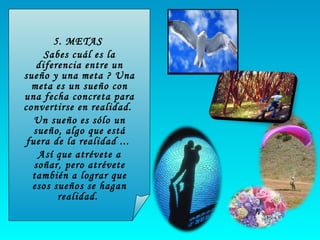 5. METAS  Sabes cuál es la diferencia entre un sueño y una meta ? Una meta es un sueño con una fecha concreta para convertirse en realidad.  Un sueño es sólo un sueño, algo que está fuera de la realidad ...  Así que atrévete a soñar, pero atrévete también a lograr que esos sueños se hagan realidad.  