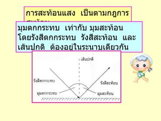 การสะท้อนแสง  เป็นตามกฎการสะท้อน มุมตกกระทบ  เท่ากับ มุมสะท้อน  โดยรังสีตกกระทบ  รังสีสะท้อน  และเส้นปกติ  ต้องอยู่ในระนาบเดียวกัน 