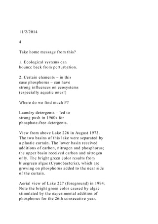 11/2/2014
4
Take home message from this?
1. Ecological systems can
bounce back from perturbation.
2. Certain elements – in this
case phosphorus – can have
strong influences on ecosystems
(especially aquatic ones!)
Where do we find much P?
Laundry detergents – led to
strong push in 1960s for
phosphate-free detergents.
View from above Lake 226 in August 1973.
The two basins of this lake were separated by
a plastic curtain. The lower basin received
additions of carbon, nitrogen and phosphorus;
the upper basin received carbon and nitrogen
only. The bright green color results from
bluegreen algae (Cyanobacteria), which are
growing on phosphorus added to the near side
of the curtain.
Aerial view of Lake 227 (foreground) in 1994.
Note the bright green color caused by algae
stimulated by the experimental addition of
phosphorus for the 26th consecutive year.
 