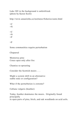 Lake 305 in the background is unfertilized.
(photo by Karen Scott)
http://www.umanitoba.ca/institutes/fisheries/eutro.html
+C
+N
+C
+N
+P
+P
Some communities require perturbation
Chaparral
Monterrey pine
Cones open only after fire
Chamise re-sprouting
Consider the Scottish moors . . .
Might a system shift to an alternative
stable state or configuration?
What if the perturbation is extreme?
Calluna vulgaris (heather)
Today, heather dominates the moors. Originally found
principally
in open parts of pine, birch, and oak woodlands on acid soils.
 