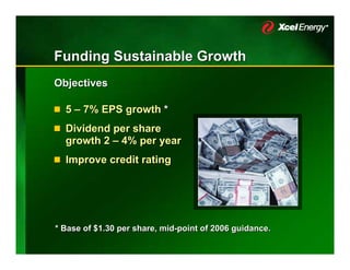 Funding Sustainable Growth
Objectives

  5 – 7% EPS growth *
  Dividend per share
  growth 2 – 4% per year
  Improve credit rating




* Base of $1.30 per share, mid-point of 2006 guidance.
 