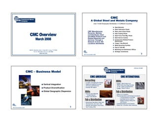 CMC
                                                                                                  A Global Steel and Metals Company
                                                                                                       Over 14,000 Employees Worldwide in 14 Different Countries

                                                                                                                                      Steel Minimills
                                                                                                                                      Steel Fabrication Plants
                                                                                            CMC Manufactures,                         Steel Joist & Deck Plants
                                                                                            Recycles, Markets                         Heat Treating Plants
                                                                                            and Distributes Steel                     Steel Fence Post Mfg. Plants
                                                                                            and Metal Products and
                                                                                                                                      Steel Service Centers
                                                                                            Related Materials and
                                                                                                                                      Construction-Related Product
                                                                                            Services Through a
                                                                                                                                      Warehouses
                                                                                            Network of Over 200
                                                                                                                                      Copper Tube Minimill
                                                                                            Locations Worldwide
                                                                                                                                      Metal Recycling Facilities
                                                                                                                                      Pipe & Tube Mill
                                                                                                                                      Marketing and Distribution Offices
                            6565 N. MacArthur Blvd. Suite 800 Irving, TX 75039
                                                                                                                                      Strategic Investments
                                   Tel 214. 689.4300 Fax 214. 689.5886
                                              www.cmc.com
                                                                                                                                                                                          2
                                                                                     CMC Overview March 2008




                                                                                                                                                                          Effective 9/1/2007


                          CMC – Business Model


                                                                                       • Locations Throughout the Sunbelt
                                                                                                                                        • Poland -- Main Products are
                                                                                       • Significant Regional Processor
                                                     Vertical Integration                                                                 Rebar & Wire Rod; Mega Shredder
                                                                                         of Ferrous and Nonferrous
                                                                                                                                          on Site; Captive Scrap Branches
                                                                                       • Strategic Mill Support
                                                     Product Diversification                                                            • Croatia Tubular Products

                                                     Global Geographic Dispersion
                                                                                       • Domestic Steel Minimills                       • Offices in 13 Countries
                                                                                           (Long Products)
                                                                                                                                        • Physical Operations and Strategic Investments
                                                                                       • Copper Tube Minimill
                                                                                                                                               ―11% Investment in Czech Mill
                                                                                                                                               ―Australian Service Centers
                                                                                                                                               ―Belgian Pickling & Oiling 24%
                                                                                                                                               Joint Venture
                                                                                       • Downstream Operations: Rebar and
                                                                                                                                        • Consultants/Agents in 20 Countries
                                                                                        Structural Fab, Joist, Deck, CRP,
                                                                                                                                        • Rebar Fab; 2 Locations; More Underway
                                                                                        Domestic Steel Import, Fence Posts,
                                                                                 3      Heat Treating, Other
CMC Overview March 2008
 