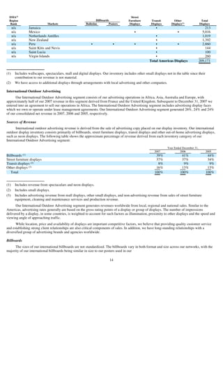 DMA ®                                                                                  Street
                                                                  Billboards
  Region                                                                                Furniture      Transit          Other                 Total
                                                                                                                      Displays(1)
  Rank                        Markets                     Bulletins         Posters     Displays       Displays                              Displays
      n/a        Jamaica                                                                                                                         213
                                                                                                           •
      n/a        Mexico                                                                                                                        5,016
                                                                                            •                              •
      n/a        Netherlands Antilles                                                                                                          1,019
                                                                                                          •
      n/a        New Zealand                                                                                                                   1,392
                                                                                                          •
      n/a        Peru                                                                                                                          2,860
                                                              •                •            •             •            •
      n/a        Saint Kitts and Nevis                                                                                                           144
                                                                                                          •
      n/a        Saint Lucia                                                                                                                     100
                                                                                                          •
      n/a        Virgin Islands                                                                                                                  260
                                                                                                          •
                                                                                                                                             209,171
                                                                                                      Total Americas Displays


(1)     Includes wallscapes, spectaculars, mall and digital displays. Our inventory includes other small displays not in the table since their
        contribution to our revenue is not material.
(2)     We have access to additional displays through arrangements with local advertising and other companies.

International Outdoor Advertising
      Our International Outdoor Advertising segment consists of our advertising operations in Africa, Asia, Australia and Europe, with
approximately half of our 2007 revenue in this segment derived from France and the United Kingdom. Subsequent to December 31, 2007 we
entered into an agreement to sell our operations in Africa. The International Outdoor Advertising segment includes advertising display faces
which we own or operate under lease management agreements. Our International Outdoor Advertising segment generated 26%, 24% and 24%
of our consolidated net revenue in 2007, 2006 and 2005, respectively.

Sources of Revenue
      International outdoor advertising revenue is derived from the sale of advertising copy placed on our display inventory. Our international
outdoor display inventory consists primarily of billboards, street furniture displays, transit displays and other out-of-home advertising displays,
such as neon displays. The following table shows the approximate percentage of revenue derived from each inventory category of our
International Outdoor Advertising segment:

                                                                                                                   Year Ended December 31,
                                                                                                          2007              2006                 2005
Billboards (1)                                                                                             39%                  41%               44%
Street furniture displays                                                                                  37%                  37%               34%
Transit displays (2)                                                                                        8%                   9%                9%
Other displays (3)                                                                                         16%                  13%               13%
   Total                                                                                                  100%                 100%              100%


(1)     Includes revenue from spectaculars and neon displays.
(2)     Includes small displays.
(3)     Includes advertising revenue from mall displays, other small displays, and non-advertising revenue from sales of street furniture
        equipment, cleaning and maintenance services and production revenue.
      Our International Outdoor Advertising segment generates revenues worldwide from local, regional and national sales. Similar to the
Americas, advertising rates generally are based on the gross rating points of a display or group of displays. The number of impressions
delivered by a display, in some countries, is weighted to account for such factors as illumination, proximity to other displays and the speed and
viewing angle of approaching traffic.
      While location, price and availability of displays are important competitive factors, we believe that providing quality customer service
and establishing strong client relationships are also critical components of sales. In addition, we have long-standing relationships with a
diversified group of advertising brands and agencies worldwide.

Billboards
      The sizes of our international billboards are not standardized. The billboards vary in both format and size across our networks, with the
majority of our international billboards being similar in size to our posters used in our

                                                                            14
 