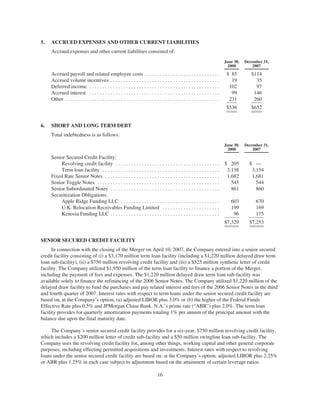 5.   ACCRUED EXPENSES AND OTHER CURRENT LIABILITIES
     Accrued expenses and other current liabilities consisted of:
                                                                                                                                   June 30,   December 31,
                                                                                                                                    2008          2007

     Accrued payroll and related employee costs . . . . . . . . . . . . . . . . . . . . . . . . . . . . .                           $ 85         $114
     Accrued volume incentives . . . . . . . . . . . . . . . . . . . . . . . . . . . . . . . . . . . . . . . . . .                    19           35
     Deferred income . . . . . . . . . . . . . . . . . . . . . . . . . . . . . . . . . . . . . . . . . . . . . . . . . .             102           97
     Accrued interest . . . . . . . . . . . . . . . . . . . . . . . . . . . . . . . . . . . . . . . . . . . . . . . . . .             99          146
     Other . . . . . . . . . . . . . . . . . . . . . . . . . . . . . . . . . . . . . . . . . . . . . . . . . . . . . . . . . . .     231          260
                                                                                                                                    $536         $652


6.   SHORT AND LONG TERM DEBT
     Total indebtedness is as follows:
                                                                                                                                   June 30,   December 31,
                                                                                                                                    2008          2007

     Senior Secured Credit Facility:
         Revolving credit facility . . . . . . . . . . . . . . . . . . . . . . . . . . . . . . . . . . . . . . . .                 $ 205        $—
         Term loan facility . . . . . . . . . . . . . . . . . . . . . . . . . . . . . . . . . . . . . . . . . . . . .               3,138       3,154
     Fixed Rate Senior Notes . . . . . . . . . . . . . . . . . . . . . . . . . . . . . . . . . . . . . . . . . . . .                1,682       1,681
     Senior Toggle Notes . . . . . . . . . . . . . . . . . . . . . . . . . . . . . . . . . . . . . . . . . . . . . . .                545         544
     Senior Subordinated Notes . . . . . . . . . . . . . . . . . . . . . . . . . . . . . . . . . . . . . . . . . .                    861         860
     Securitization Obligations:
         Apple Ridge Funding LLC . . . . . . . . . . . . . . . . . . . . . . . . . . . . . . . . . . . . . .                          603          670
         U.K. Relocation Receivables Funding Limited . . . . . . . . . . . . . . . . . . . . . .                                      199          169
         Kenosia Funding LLC . . . . . . . . . . . . . . . . . . . . . . . . . . . . . . . . . . . . . . . . . .                       96          175
                                                                                                                                   $7,329       $7,253


SENIOR SECURED CREDIT FACILITY
      In connection with the closing of the Merger on April 10, 2007, the Company entered into a senior secured
credit facility consisting of (i) a $3,170 million term loan facility (including a $1,220 million delayed draw term
loan sub-facility), (ii) a $750 million revolving credit facility and (iii) a $525 million synthetic letter of credit
facility. The Company utilized $1,950 million of the term loan facility to finance a portion of the Merger,
including the payment of fees and expenses. The $1,220 million delayed draw term loan sub-facility was
available solely to finance the refinancing of the 2006 Senior Notes. The Company utilized $1,220 million of the
delayed draw facility to fund the purchases and pay related interest and fees of the 2006 Senior Notes in the third
and fourth quarter of 2007. Interest rates with respect to term loans under the senior secured credit facility are
based on, at the Company’s option, (a) adjusted LIBOR plus 3.0% or (b) the higher of the Federal Funds
Effective Rate plus 0.5% and JPMorgan Chase Bank, N.A.’s prime rate (“ABR”) plus 2.0%. The term loan
facility provides for quarterly amortization payments totaling 1% per annum of the principal amount with the
balance due upon the final maturity date.

     The Company’s senior secured credit facility provides for a six-year, $750 million revolving credit facility,
which includes a $200 million letter of credit sub-facility and a $50 million swingline loan sub-facility. The
Company uses the revolving credit facility for, among other things, working capital and other general corporate
purposes, including effecting permitted acquisitions and investments. Interest rates with respect to revolving
loans under the senior secured credit facility are based on, at the Company’s option, adjusted LIBOR plus 2.25%
or ABR plus 1.25% in each case subject to adjustment based on the attainment of certain leverage ratios.

                                                                                  16
 