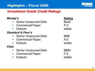 Highlights – Fiscal 2006
Investment Grade Credit Ratings
Moody’s                           Rating
      Senior Unsecured Debt:      Baa3
      Commercial Paper:           P-3
      Outlook:                    stable
Standard & Poor’s
      Senior Unsecured Debt:      BBB
      Commercial Paper:           A-2
      Outlook:                    stable
Fitch
      Senior Unsecured Debt:      BBB+
      Commercial Paper:           F-2
      Outlook:                    stable


                                           36
 