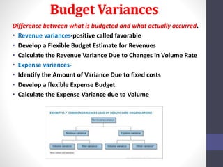 Budget Variances 
Difference between what is budgeted and what actually occurred. 
• Revenue variances-positive called favorable 
• Develop a Flexible Budget Estimate for Revenues 
• Calculate the Revenue Variance Due to Changes in Volume Rate 
• Expense variances- 
• Identify the Amount of Variance Due to fixed costs 
• Develop a flexible Expense Budget 
• Calculate the Expense Variance due to Volume 
 