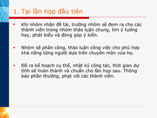 1. Tại lần họp đầu tiên

  Khi nhóm nhận đề tài, trưởng nhóm sẽ đem ra cho các
  thành viên trong nhóm thảo luận chung, tìm ý tuởng
  hay, phát biểu và đóng góp ý kiến.

  Nhóm sẽ phân công, thảo luận công việc cho phù hợp
  khả năng từng người dựa trên chuyên môn vủa họ.

  Đề ra kế hoạch cụ thể, nhật ký công tác, thời gian dự
  tính sẽ hoàn thành và chuẩn cho lần họp sau. Thông
  báo phần thưởng, phạt với các thành viên.
 