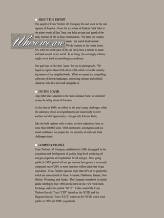 s ABOUT THE REPORT
The people of Cross Timbers Oil Company live and work in the vast
expanse of America. From the icy waters of Alaska’s Cook Inlet to
the piney woods of East Texas, our folks are part and parcel of the
daily routines of life in these communities. We drive the country
                                 roads. We watch local football.
                                 We do business at the corner stores.
Yet, with the hectic pace of life, we rarely have a minute to pause
and look around at our world. In so doing, the seemingly ordinary
might reveal itself as something extraordinary.

Our goal was to take that “pause” for you in photographs. We
hoped to capture those little slices of life which reveal the underly-
ing essence of our neighborhoods. What we expose is a compelling
collection of diverse landscapes, interesting cultures and colorful
characters who live and work alongside us.


s ON THE COVER
Atop White Rock Mountain in the Ozark National Forest, an adventurer
surveys the rolling terrain of Arkansas.

At the close of 1999, we reflect on the year’s many challenges, relish
the substance of our accomplishments and stand ready to enter
another world of opportunity – the gas-rich Arkoma Basin.

Like the bold explorer with a vision, we have staked our claim to
more than 600,000 acres. With excitement, anticipation and sea-
soned confidence, we prepare for the intensity of work and fresh
challenges ahead.


s COMPANY PROFILE
Cross Timbers Oil Company, established in 1986, is engaged in the
acquisition and development of quality, long-lived producing oil
and gas properties and exploration for oil and gas. Since going
public in 1993, proved oil and gas reserves have grown at an annual
compound rate of 38% to more than two trillion cubic feet of gas
equivalent. Cross Timbers operates more than 85% of its properties,
which are concentrated in Texas, Arkansas, Oklahoma, Kansas, New
Mexico, Wyoming, and Alaska. The Company completed its initial
public offering in May 1993 and is listed on the New York Stock
Exchange under the symbol “XTO.” It also created the Cross
Timbers Royalty Trust (“CRT” traded on the NYSE) and the
Hugoton Royalty Trust (“HGT” traded on the NYSE) which went
public in 1992 and 1999, respectively.
 