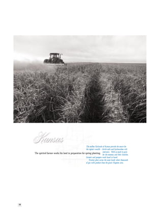 The endless flatlands of Kansas provide the source for
                                                            the region’s wealth – fertile soils and hydrocarbon-rich
                                                                                   reservoirs. With so much to gain
     The spirited farmer works his land in preparation for spring planting.
                                                                                   for the economy and their families,
                                                            farmers and pumpers work hand in hand.
                                                                Tractors plow across the same lands where thousands
                                                            of gas wells produce from the giant Hugoton area.




18
 