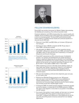 John F. Coyne, President and Chief Executive Officer




                                                      FELLOW SHAREHOLDERS:
                                                      Fiscal 2007 was another strong year for Western Digital, demonstrating
                                                      the flexibility and consistency of our efficient business model.
                                                      Customer satisfaction with WD’s broad product line, superior quality and
                                                      reliability, service excellence and a solid overall value proposition continue
                                                      to drive our business growth. The fiscal 2007 performance provides
                                                      further evidence of steady financial results and continued excellence in
                                                      execution by the WD team:
                                                      • Revenue in fiscal 2007 was $5.5 billion, an increase of 26 percent
                                                        from last year.
                                                      • Earnings per share of $2.50 compared with $1.76 per share in
                                                        fiscal 2006, a 42 percent increase.
                                                      • We generated over $600 million in cash from operations during
                                                        fiscal 2007, a 68 percent improvement over 2006, and ended the year
                                                        with $907 million of cash and short-term investments, an increase of
                                                        30 percent over the prior fiscal year.
                                                      • Fiscal 2007 represented our fifth consecutive year of substantial
While maintaining our focus in the high-volume
desktop business, we have made major strides
                                                        growth in our research and development and capital spending to
in growing our footprint in new markets. This has
                                                        support a significant deepening and acceleration of our technology
resulted in a 50% increase in revenue over the past
two years.
                                                        capability and a broadening of our product portfolio. Over the five-year
                                                        period, we have grown our investment spending 270 percent, from
                                                        $170 million in fiscal 2002 to $630 million in fiscal 2007.
                                                      • While maintaining our focus in the high-volume desktop market, we
                                                        have made major strides in growing our footprint in non-traditional
                                                        markets such as 2.5-inch notebook drives, branded products,
                                                        consumer electronics (CE) and Serial ATA (SATA) drives for the
                                                        enterprise space.
                                                      • We more than doubled our 2.5-inch drive shipments, year-over-year,
                                                        to 12.3 million units.
                                                      • Revenue from Branded Products grew by over 180 percent
                                                        year-over-year to more than $870 million as we established an
                                                        industry-leading position in a market segment that surged to
                                                        prominence as consumers began taking seriously the need to backup
                                                        and remotely access their valuable digital content.
                                                      • In Enterprise SATA, the fastest growing segment of enterprise storage,
WD’s continued consistent performance resulted in
                                                        we led the industry in introducing 3.5-inch SATA solutions in 2003.
fiscal 2007 operating income of $415 million.
                                                        Our share in this segment is now similar to our position in the desktop
                                                        and CE markets.
                                                      • As a result of this activity in newer markets, we have seen our revenue
                                                        from non-desktop PC drives expand to 43 percent of revenue in
                                                        fiscal 2007, compared with 29 percent in fiscal 2006 and we exit the
                                                        year with almost 50 percent of revenues derived from non-desktop
                                                        applications.
 