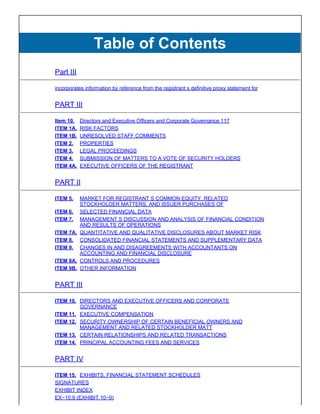 Table of Contents
Part III

incorporates information by reference from the registrant s definitive proxy statement for


PART III

Item 10.   Directors and Executive Officers and Corporate Governance 117
ITEM 1A.   RISK FACTORS
ITEM 1B.   UNRESOLVED STAFF COMMENTS
ITEM 2.    PROPERTIES
ITEM 3.    LEGAL PROCEEDINGS
ITEM 4.    SUBMISSION OF MATTERS TO A VOTE OF SECURITY HOLDERS
ITEM 4A.   EXECUTIVE OFFICERS OF THE REGISTRANT


PART II

ITEM 5.  MARKET FOR REGISTRANT S COMMON EQUITY, RELATED
         STOCKHOLDER MATTERS, AND ISSUER PURCHASES OF
ITEM 6. SELECTED FINANCIAL DATA
ITEM 7. MANAGEMENT S DISCUSSION AND ANALYSIS OF FINANCIAL CONDITION
         AND RESULTS OF OPERATIONS
ITEM 7A. QUANTITATIVE AND QUALITATIVE DISCLOSURES ABOUT MARKET RISK
ITEM 8. CONSOLIDATED FINANCIAL STATEMENTS AND SUPPLEMENTARY DATA
ITEM 9. CHANGES IN AND DISAGREEMENTS WITH ACCOUNTANTS ON
         ACCOUNTING AND FINANCIAL DISCLOSURE
ITEM 9A. CONTROLS AND PROCEDURES
ITEM 9B. OTHER INFORMATION


PART III

ITEM 10. DIRECTORS AND EXECUTIVE OFFICERS AND CORPORATE
         GOVERNANCE
ITEM 11. EXECUTIVE COMPENSATION
ITEM 12. SECURITY OWNERSHIP OF CERTAIN BENEFICIAL OWNERS AND
         MANAGEMENT AND RELATED STOCKHOLDER MATT
ITEM 13. CERTAIN RELATIONSHIPS AND RELATED TRANSACTIONS
ITEM 14. PRINCIPAL ACCOUNTING FEES AND SERVICES


PART IV

ITEM 15. EXHIBITS, FINANCIAL STATEMENT SCHEDULES
SIGNATURES
EXHIBIT INDEX
EX−10.9 (EXHIBIT 10−9)
 