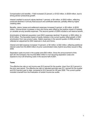 Compensation and benefits – Field increased 23 percent, or $102 million, to $538 million, due to
strong advisor productivity growth.

Interest credited to account values declined 1 percent, or $4 million, to $303 million, reflecting
continued declines in annuity fixed account and certificate balances, partially offset by higher
crediting rates.

Benefits, claims, losses and settlement expenses increased 2 percent, or $5 million, to $230
million. Volume-driven increases in Auto and Home were offset by the positive impact of markets
on variable annuity benefits expenses. The second quarter of 2006 included a net reserve benefit.

Amortization of deferred acquisition cost (DAC) expenses declined 18 percent, or $28 million, to
$125 million. The favorable impact of equity markets in the current quarter offset growth in DAC
amortization from new product sales. Higher expenses in the second quarter of 2006 primarily
reflected an adjustment to DAC balances in Auto and Home.

Interest and debt expense increased 14 percent, or $4 million, to $32 million, reflecting additional
interest costs from the $500 million of junior subordinated notes (hybrid securities) issued in May
2006.

Separation costs incurred in the quarter were $63 million. Since the announcement of the
spin-off, the Company has incurred $802 million in non-recurring separation costs and
expects to incur all remaining costs in the second half of 2007.


Taxes

The effective tax rate on net income was 20.0 percent for the quarter, down from 24.3 percent in
the prior year period. The effective tax rate on adjusted earnings was 23.1 percent for the quarter
and 25.0 percent year to date, compared to 25.2 percent for full year 2006. The current quarter
included a benefit from the finalization of certain income tax audits.




                                                                                                       6
 