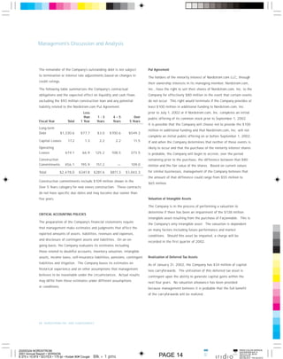 Management’s Discussion and Analysis




              The remainder of the Company’s outstanding debt is not subject           Put Agreement
              to termination or interest rate adjustments based on changes in
                                                                                       The holders of the minority interest of Nordstrom.com LLC, through
              credit ratings.
                                                                                       their ownership interests in its managing member, Nordstrom.com,
              The following table summarizes the Company’s contractual                 Inc., have the right to sell their shares of Nordstrom.com, Inc. to the
              obligations and the expected ef fect on liquidity and cash f lows        Company for ef fectively $80 million in the event that certain events
              excluding the $93 million construction loan and any potential            do not occur. This right would terminate if the Company provides at
              liability related to the Nordstrom.com Put Agreement.                    least $100 million in additional funding to Nordstrom.com, Inc.
                                               Less                                    prior to July 1, 2002 or if Nordstrom.com, Inc. completes an initial
                                               than     1-3      4–5          Over     public of fering of its common stock prior to September 1, 2002.
              Fiscal Year          Total     1 Year     Years    Years     5 Years
                                                                                       It is possible that the Company will choose not to provide the $100
              Long-term
                                                                                       million in additional funding and that Nordstrom.com, Inc. will not
              Debt             $1,330.6      $77.7       $3.0   $700.6    $549.3
                                                                                       complete an initial public of fering on or before September 1, 2002.
              Capital Leases       17.2         1.3       2.2      2.2         11.5    If and when the Company determines that neither of those events is
              Operating                                                                likely to occur and that the purchase of the minority interest shares
              Leases             674.1        66.9      125.2    108.5      373.5      is probable, the Company will begin to accrete, over the period
              Construction                                                             remaining prior to the purchase, the dif ference between that $80
              Commitments        456.1       195.9      151.2        —      109.0      million and the fair value of the shares. Based on current values
              Total          $2,478.0      $341.8      $281.6   $811.3   $1,043.3      for similar businesses, management of the Company believes that
                                                                                       the amount of that dif ference could range from $55 million to
              Construction commitments include $109 million shown in the
                                                                                       $65 million.
              Over 5 Years category for new stores construction. These contracts
              do not have specific due dates and may become due sooner than
              five years.                                                              Valuation of Intangible Assets

                                                                                       The Company is in the process of performing a valuation to
                                                                                       determine if there has been an impairment of the $138 million
              CRITICAL ACCOUNTING POLICIES
                                                                                       intangible asset resulting from the purchase of Façonnable. This is
              The preparation of the Company’s financial statements require
                                                                                       the Company’s only intangible asset. The valuation is dependent
              that management make estimates and judgments that af fect the
                                                                                       on many factors including future performance and market
              reported amounts of assets, liabilities, revenues and expenses,
                                                                                       conditions. Should this asset be impaired, a charge will be
              and disclosure of contingent assets and liabilities. On an on-
                                                                                       recorded in the first quarter of 2002.
              going basis, the Company evaluates its estimates including
              those related to doubtful accounts, inventory valuation, intangible
              assets, income taxes, self-insurance liabilities, pensions, contingent   Realization of Deferred Tax Assets
              liabilities and litigation. The Company bases its estimates on           As of January 31, 2002, the Company has $34 million of capital
              historical experience and on other assumptions that management           loss carryforwards. The utilization of this deferred tax asset is
              believes to be reasonable under the circumstances. Actual results        contingent upon the ability to generate capital gains within the
              may dif fer from these estimates under dif ferent assumptions            next four years. No valuation allowance has been provided
              or conditions.                                                           because management believes it is probable that the full benefit
                                                                                       of the carryforwards will be realized.




              14 NORDSTROM INC. AND SUBSIDIARIES




20200324 NORDSTROM                                                                                                                    Cyan   Mag   Yelo   Blk
2001 Annual Report • VERSION
                                                                                              PAGE 14
                                                                                                                                pms
                                                                                                                                550
8.375 x 10.875 • SCITEX • 175 lpi • Kodak 80# Cougar   Blk + 1 pms
 