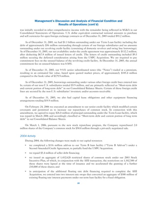 Management’s Discussion and Analysis of Financial Condition and
                                        Results of Operations (cont’d)
            was initially recorded in other comprehensive income with the remainder being reflected in SG&A in our
            Consolidated Statements of Operations. U.S. dollar equivalent contractual notional amounts to purchase
            and sell currencies for open foreign exchange contracts as of December 31, 2005 totaled $93.2 million.

                 As of December 31, 2005, we had $1.3 billion outstanding under our Term Loan facility including the
            debt of approximately $56 million outstanding through certain of our foreign subsidiaries and no amounts
            outstanding under our revolving credit facility (consisting of domestic revolver and swing line borrowings).
            As of December 31, 2005, our net availability under the credit agreement was approximately $132.2 million,
            after deducting $67.8 million of issued letters of credit. The letters of credit outstanding included $9.5
            million securing the deferred consideration arising from the USPC Acquisition. We are required to pay
            commitment fees on the unused balance of the revolving credit facility. At December 31, 2005, the annual
            commitment fee on unused balances was 0.50%.

                 As of December 31, 2005, our 9 3⁄4% senior subordinated notes (the “Notes”) traded at a premium,
            resulting in an estimated fair value, based upon quoted market prices, of approximately $185.4 million
            compared to the book value of $179.9 million.

                 As of December 31, 2005, borrowings outstanding under various other foreign credit lines entered into
            by certain of our non-U.S. subsidiaries totaled $5.9 million, and are primarily reflected as “Short-term debt
            and current portion of long-term debt” in our Consolidated Balance Sheets. Certain of these foreign credit
            lines are secured by the non-U.S. subsidiaries’ inventory and/or accounts receivable.

                 As of December 31, 2005, we also had capital lease obligations and other equipment financing
            arrangements totaling $19.9 million.

                On February 24, 2006 we executed an amendment to our senior credit facility which modified certain
            covenants and permitted us to increase our repurchases of common stock. In connection with this
            amendment, we agreed to repay $26.0 million of principal outstanding under the Term Loan facility, which
            was repaid in March 2006 and accordingly classified as “Short-term debt and current portion of long term
            debt” in our Consolidated Balance Sheets.

                 On March 1, 2006, pursuant to the new stock repurchase program, the Company repurchased 2.0
            million shares of the Company’s common stock for $50.0 million through a privately negotiated sale.


            2004 Activity
                During 2004, the following changes were made to our capital resources:
                ‰   we completed a $116 million add-on to our Term B loan facility (“Term B Add-on”) under a
                    Second Amended Credit Agreement, to partially fund the USPC Acquisition;
                ‰   we repaid $5.4 million of seller debt financing;
                ‰   we issued an aggregate of 1,432,620 restricted shares of common stock under our 2003 Stock
                    Incentive Plan, of which, in conjunction with the AHI transaction, the restrictions on 1,102,500 of
                    these shares were lapsed at the time of issuance and we accelerated the granting of a further
                    210,000 of these shares; and
                ‰   in anticipation of the additional floating rate debt financing required to complete the AHI
                    Acquisition, we entered into two interest rate swaps that converted an aggregate of $300 million of
                    existing floating rate interest payments under our term loan facility for a fixed obligation.

                                                                 23




1070FIN.pdf p13 4/8/06                                                                                        Black PANTONE 7462 C
 