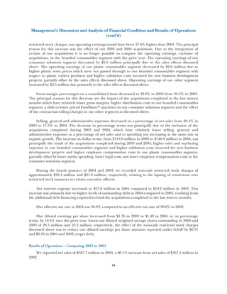 Management’s Discussion and Analysis of Financial Condition and Results of Operations
                                       (cont’d)

restricted stock charges, our operating earnings would have been 37.8% higher than 2003. The principal
reason for this increase was the effect of our 2003 and 2004 acquisitions. Due to the integration of
certain of our acquisitions it is no longer possible to compare the operating earnings, exclusive of
acquisitions, in the branded consumables segment with the prior year. The operating earnings of our
consumer solutions segment decreased by $5.5 million principally due to the sales effects discussed
above. The operating earnings of our plastic consumables segment decreased by $2.9 million due to
higher plastic resin prices which were not passed through to our branded consumables segment with
respect to plastic cutlery products and higher validation costs incurred for new business development
projects, partially offset by the sales effects discussed above. Operating earnings of our other segment
increased by $3.5 million due primarily to the sales effects discussed above.

     Gross margin percentages on a consolidated basis decreased to 32.8% in 2004 from 36.3% in 2003.
The principal reasons for this decrease are the impact of the acquisitions completed in the last sixteen
months which have relatively lower gross margins, higher distribution costs in our branded consumables
segment, a shift to lower priced FoodSaver® machines in our consumer solutions segment and the effect
of the contractual tolling changes in our other segment as discussed above.

     Selling, general and administrative expenses decreased as a percentage of net sales from 20.4% in
2003 to 17.5% in 2004. The decrease in percentage terms was principally due to the inclusion of the
acquisitions completed during 2003 and 2004, which have relatively lower selling, general and
administrative expenses as a percentage of net sales and to spending not increasing at the same rate as
organic growth. The increase in dollar terms, from $119.8 million in 2003 to $146.9 million in 2004, was
principally the result of the acquisitions completed during 2003 and 2004, higher sales and marketing
expenses in our branded consumables segment and higher validation costs incurred for new business
development projects and higher employee compensation costs in our plastic consumables segment,
partially offset by lower media spending, lower legal costs and lower employee compensation costs in the
consumer solutions segment.

     During the fourth quarters of 2004 and 2003, we recorded non-cash restricted stock charges of
approximately $32.4 million and $21.8 million, respectively, relating to the lapsing of restrictions over
restricted stock issuances to certain executive officers.

     Net interest expense increased to $27.6 million in 2004 compared to $19.2 million in 2003. This
increase was primarily due to higher levels of outstanding debt in 2004 compared to 2003, resulting from
the additional debt financing required to fund the acquisitions completed in the last sixteen months.

    Our effective tax rate in 2004 was 38.0% compared to an effective tax rate of 39.2% in 2003.

     Our diluted earnings per share increased from $1.35 in 2003 to $1.49 in 2004 or, in percentage
terms, by 10.4% over the prior year. Given our diluted weighted average shares outstanding in 2004 and
2003 of 28.5 million and 23.5 million, respectively, the effect of the non-cash restricted stock charges
discussed above was to reduce our diluted earnings per share amounts reported under GAAP by $0.71
and $0.56 in 2004 and 2003, respectively.


Results of Operations – Comparing 2003 to 2002
    We reported net sales of $587.7 million in 2003, a 60.1% increase from net sales of $367.1 million in
2002.

                                                   18
 