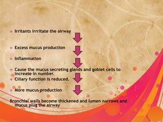    Irritants irrritate the airway


   Excess mucus production

   Inflammation

   Cause the mucus secreting glands and goblet cells to
    increase in number.
   Ciliary function is reduced.

   More mucus production

Bronchial walls become thickened and lumen narrows and
  mucus plug the airway

 