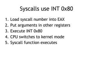 Syscalls use INT 0x80
1. Load syscall number into EAX
2. Put arguments in other registers
3. Execute INT 0x80
4. CPU switches to kernel mode
5. Syscall function executes
 