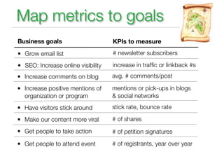 Map metrics to goals
Business goals                      KPIs to measure
• Grow email list                   # newsletter subscribers

• SEO: Increase online visibility   increase in trafﬁc or linkback #s
• Increase comments on blog         avg. # comments/post

• Increase positive mentions of     mentions or pick-ups in blogs
  organization or program           & social networks
• Have visitors stick around        stick rate, bounce rate

• Make our content more viral       # of shares
• Get people to take action         # of petition signatures
• Get people to attend event        # of registrants, year over year
 