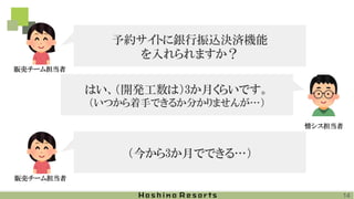 （今から3か月でできる…）
はい、（開発工数は）3か月くらいです。
（いつから着手できるか分かりませんが…）
予約サイトに銀行振込決済機能
を入れられますか？
情シス担当者
販売チーム担当者
販売チーム担当者
14
 