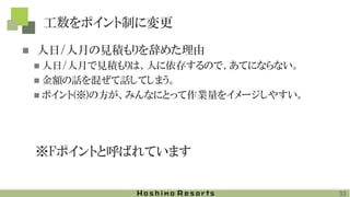 工数をポイント制に変更
◼ 人日/人月の見積もりを辞めた理由
◼ 人日/人月で見積もりは、人に依存するので、あてにならない。
◼ 金額の話を混ぜて話してしまう。
◼ ポイント(※)の方が、みんなにとって作業量をイメージしやすい。
※Fポイントと呼ばれています
33
 