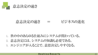 意志決定の速さ
1. 世の中のあらゆる仕組みにシステムが関わっている。
2. 意志決定には、システムの知識も必要である。
3. エンジニアが入ることで、意思決定しやすくなる。
64
意志決定の速さ ＝ ビジネスの進化
 