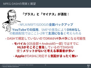 MPEG-DASHの現実と展望

「プラス」と「マイナス」が混在：
• NFLX/MSFT/GOOGの全面バックアップ
• YouTubeでの採用。SME*の普及によりDRMなし
の動画配信ではここ1~2年で主流になると考えられる
• DASHで規定していないのでDRMがバラバラになる可能性
• モバイル (iOS全部＋Androidの一部) ではすでに
HLSがそこそこ普及しているのでDASHを
使うメリットがないと考える事業者が多い
• AppleがDASHに対応する気配がまったく無い
© 2012 Adobe Systems Incorporated. All Rights Reserved. Adobe Confidential.

* Source Media Extension

26

 