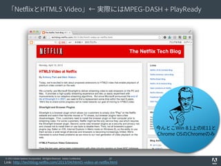 「NetflixとHTML5 Video」← 実際にはMPEG-DASH + PlayReady

今んとこWin 8.1上のIE11と
Chrome OSのChromeのみ

© 2012 Adobe Systems Incorporated. All Rights Reserved. Adobe Confidential.

27

Link: http://techblog.netflix.com/2013/04/html5-video-at-netflix.html

 