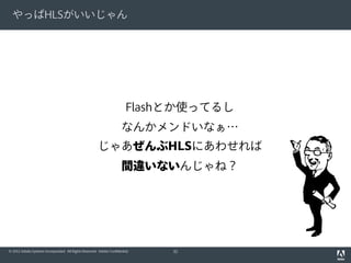 やっぱHLSがいいじゃん

Flashとか使ってるし
なんかメンドいなぁ…
じゃあぜんぶHLSにあわせれば
間違いないんじゃね？

© 2012 Adobe Systems Incorporated. All Rights Reserved. Adobe Confidential.

32

 