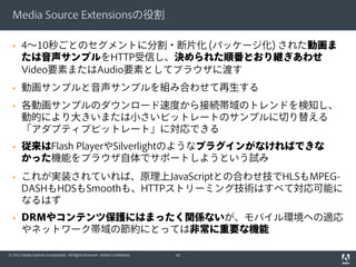 Media Source Extensionsの役割











4〜10秒ごとのセグメントに分割・断片化 (パッケージ化) された動画ま
たは音声サンプルをHTTP受信し、決められた順番どおり継ぎあわせ
Video要素またはAudio要素としてブラウザに渡す
動画サンプルと音声サンプルを組み合わせて再生する
各動画サンプルのダウンロード速度から接続帯域のトレンドを検知し、
動的により大きいまたは小さいビットレートのサンプルに切り替える
「アダプティブビットレート」に対応できる
従来はFlash PlayerやSilverlightのようなプラグインがなければできな
かった機能をブラウザ自体でサポートしようという試み
これが実装されていれば、原理上JavaScriptとの合わせ技でHLSもMPEGDASHもHDSもSmoothも、HTTPストリーミング技術はすべて対応可能に
なるはず
DRMやコンテンツ保護にはまったく関係ないが、モバイル環境への適応
やネットワーク帯域の節約にとっては非常に重要な機能

© 2012 Adobe Systems Incorporated. All Rights Reserved. Adobe Confidential.

43

 