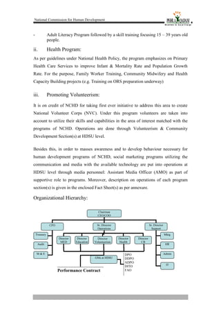 National Commission for Human Development
- Adult Literacy Program followed by a skill training focusing 15 – 39 years old
people.
ii. Health Program:
As per guidelines under National Health Policy, the program emphasizes on Primary
Health Care Services to improve Infant & Mortality Rate and Population Growth
Rate. For the purpose, Family Worker Training, Community Midwifery and Health
Capacity Building projects (e.g. Training on ORS preparation underway)
iii. Promoting Volunteerism:
It is on credit of NCHD for taking first ever initiative to address this area to create
National Volunteer Corps (NVC). Under this program volunteers are taken into
account to utilize their skills and capabilities in the area of interest matched with the
programs of NCHD. Operations are done through Volunteerism & Community
Development Section(s) at HDSU level.
Besides this, in order to masses awareness and to develop behaviour necessary for
human development programs of NCHD, social marketing programs utilizing the
communication and media with the available technology are put into operations at
HDSU level through media personnel: Assistant Media Officer (AMO) as part of
supportive role to programs. Moreover, description on operations of each program
section(s) is given in the enclosed Fact Sheet(s) as per annexure.
Organizational Hierarchy:
Chairman
CEO/COO
CFO Sr. Director
Operations
Sr. Director
Support
Treasury
Audit
M & E
Director
MED
Director
Education
Director
Volunteerism
Director
Health
Director
CB
Mktg
HR
Admin
GMs at HDSU
IT
DPO
DDPO
ADPO
DITO
FAOPerformance Contract
 